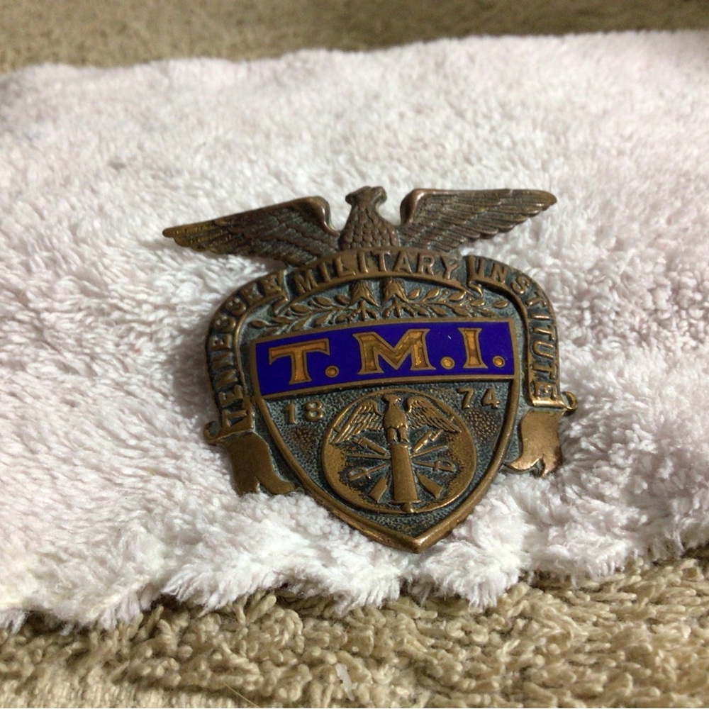 T.M.I. Military Institute Brass Eagle Shield Pin - Blue & Brass - Picture 15 of 15